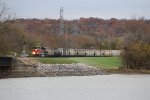 After finishing its yard work, PESI pulls toward the Illinois River bridge